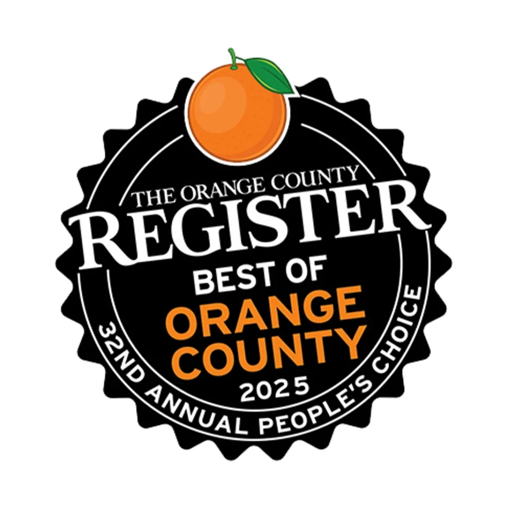 A trusted black and white badge with an orange celebrates Service Champions as the 2025 OC Register People’s Choice for home comfort.