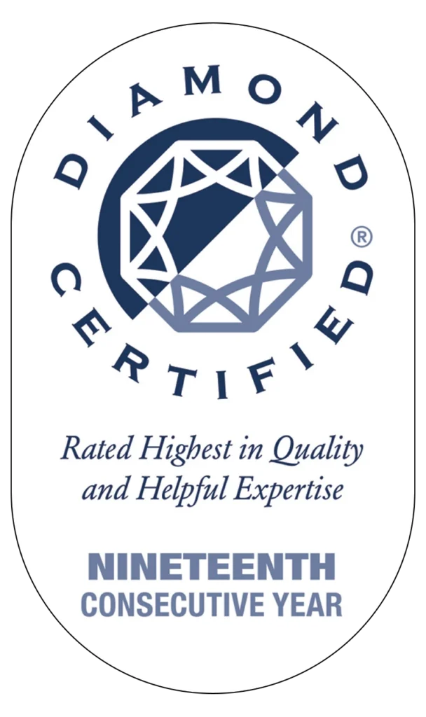 Diamond Certified logo with diamond graphic; honored as "Highest in Quality & Helpful Expertise" for a 19th year, trusted locally.