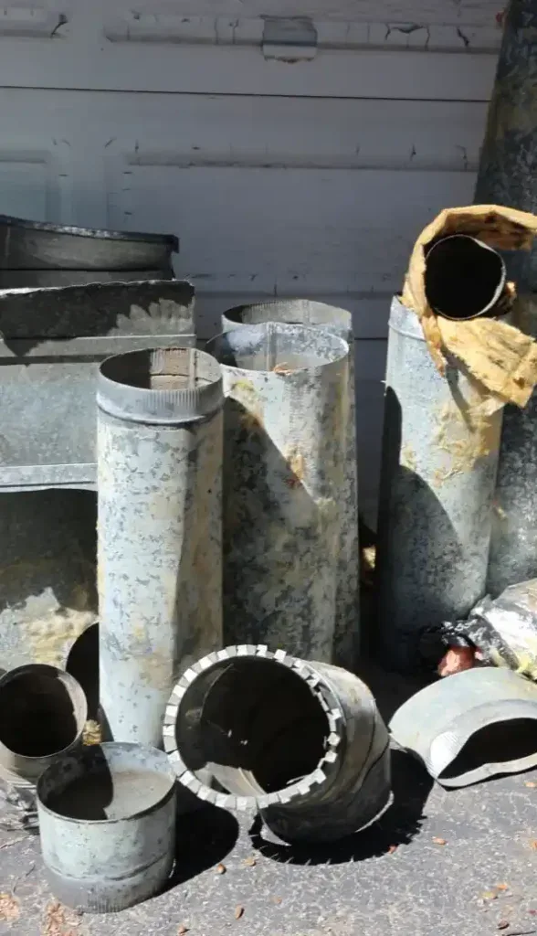 A stack of worn, rusted pipes and ductwork rests in front of a white wall, ready for expert care from your local HVAC pros.