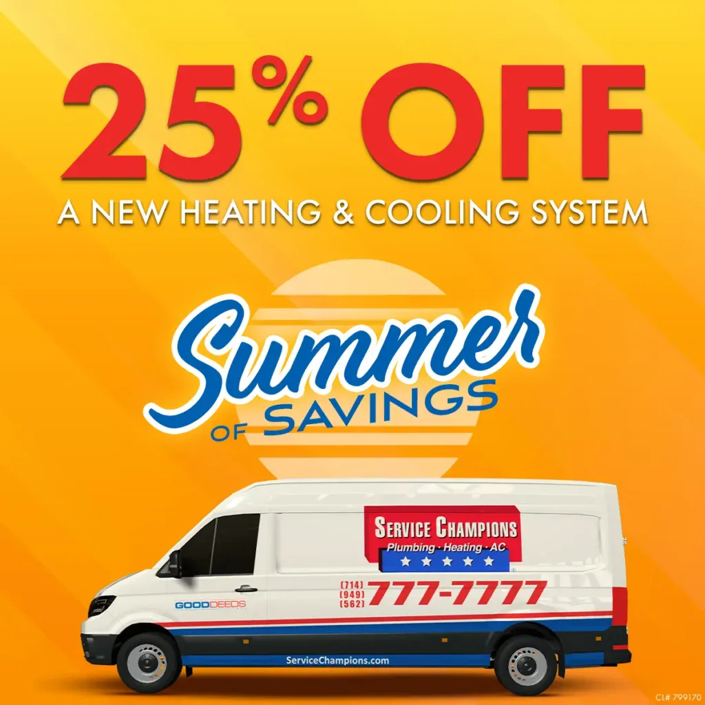 A Service Champions van highlights 25% off new heating & cooling systems and "Summer Savings," showcasing trusted, local comfort service.