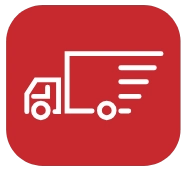 White delivery truck icon with motion lines on red, reflecting Service Champions' prompt, trusted local HVAC and plumbing service.