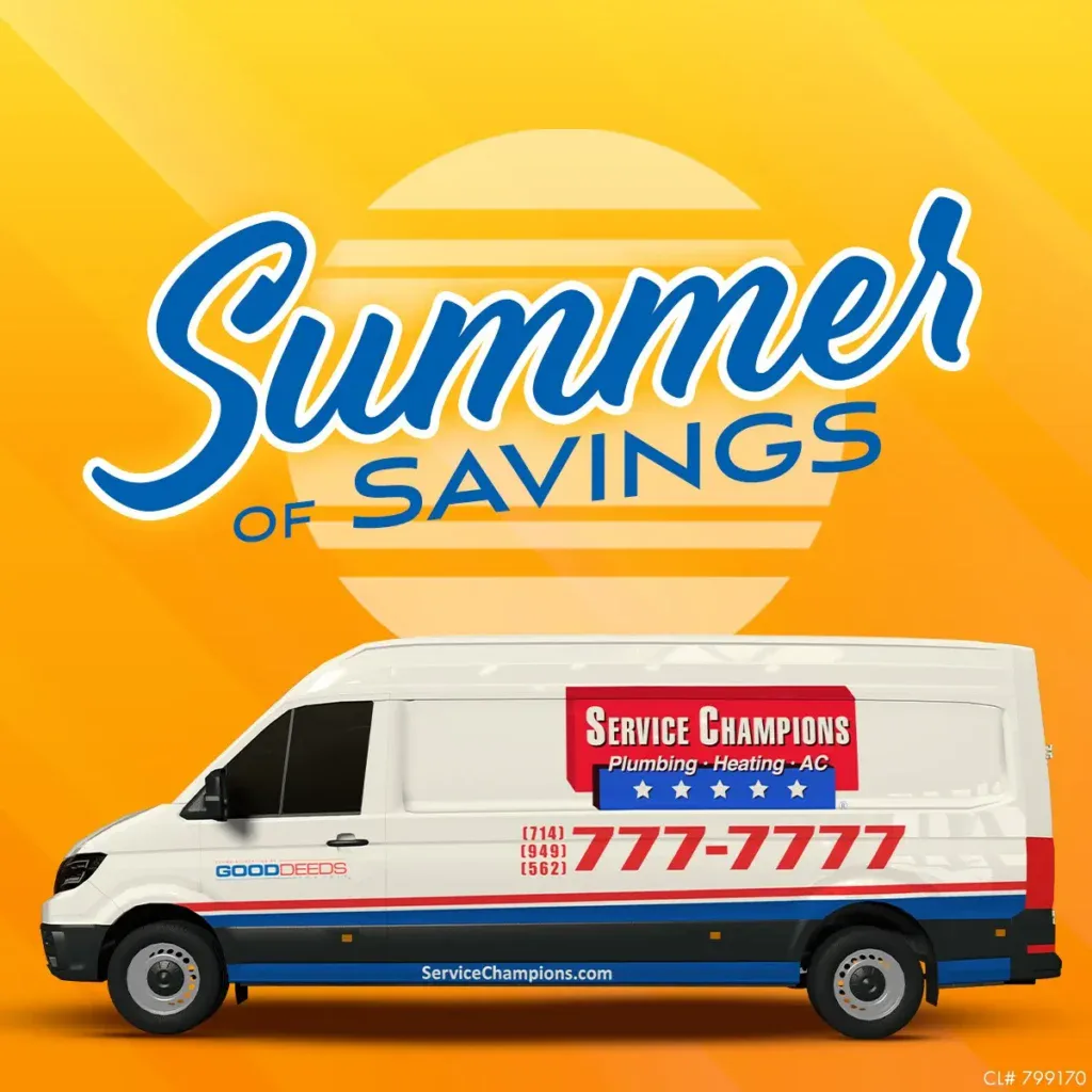 A white Service Champions van stands proudly against a cheerful yellow background, with “Summer of Savings” displayed above. This image highlights Service Champions’ dedication to providing reliable HVAC, plumbing, and drain solutions for Southern California homes, inviting customers to enjoy trusted local expertise and valuable seasonal savings.