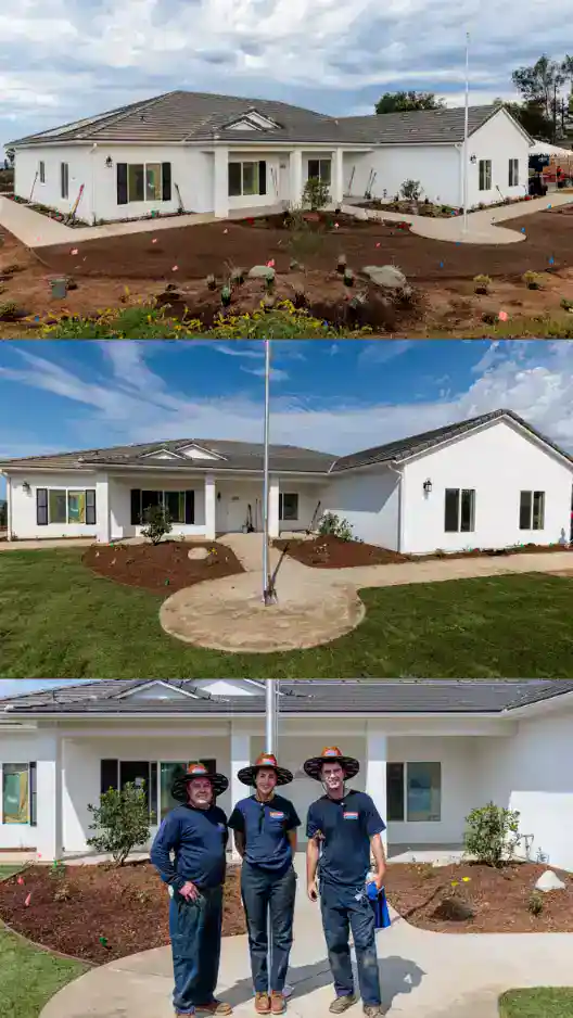 A newly built white house with a beautifully landscaped yard is shown both from afar and in a close-up, where three veterans wearing hats stand proudly in front as part of the Homes For Our Troops program. Just as this home welcomes its heroes, Service Champions is dedicated to creating comfortable, dependable living spaces for Southern California families—providing trustworthy, expert HVAC, plumbing, and drain services with a focus on local community needs and helpful customer care.