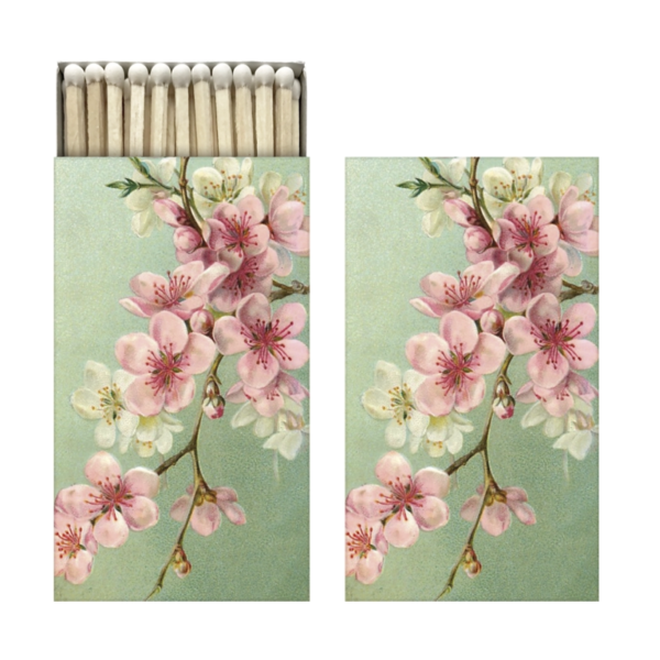 Vista de la caja de cerillas con estampado de flor de sakura