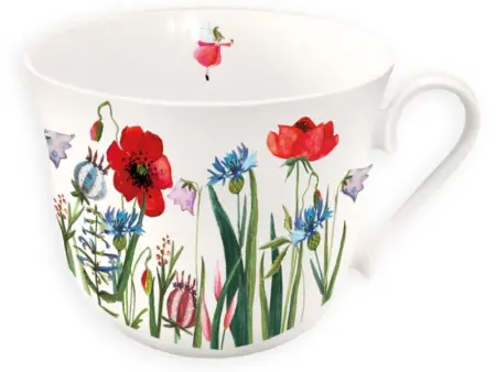 Taza de porcelana con diseño de amapolas. Vista de frente