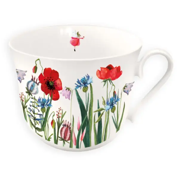 Taza de porcelana con diseño de amapolas. Vista de frente