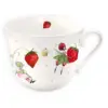 Taza de porcelana con diseño de fresas. Vista de frente