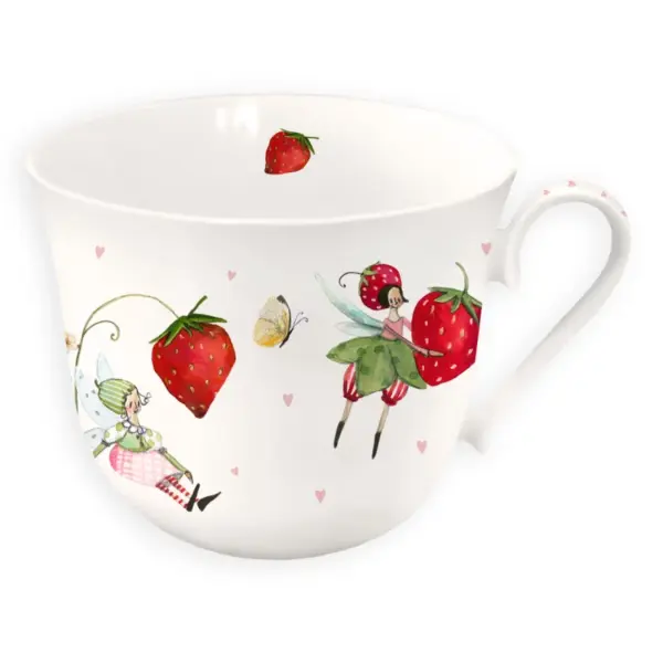 Taza de porcelana con diseño de fresas. Vista de frente