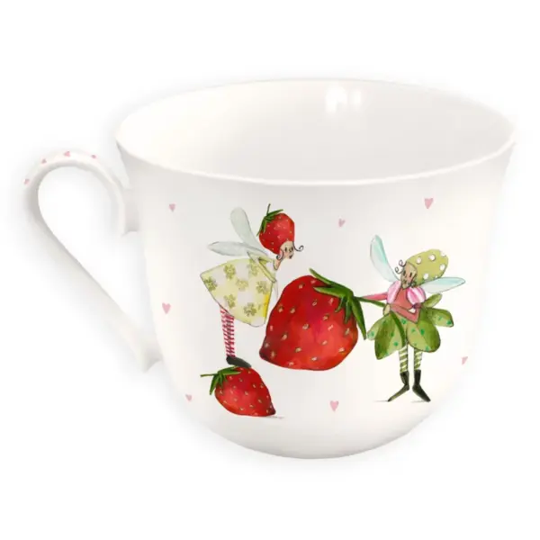 Taza de porcelana con diseño de fresas. Vista de atras