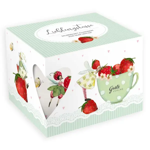 Taza de porcelana con diseño de fresas. Vista de la caja