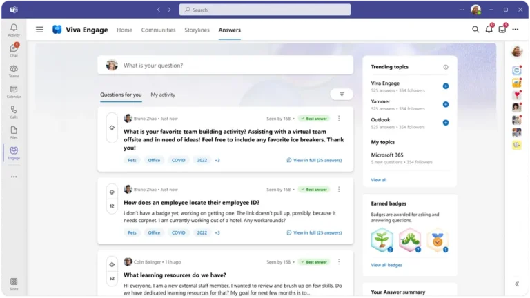 Answers dashboard in Viva Engage, with previously asked questions and answers in a feed, trending topics to the right, and badges earned.