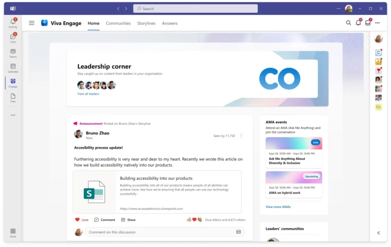 The Leadership Corner dashboard in Viva Engage, with headshots of key leaders at the top, posts from leaders displayed in a news feed, and upcoming ask me anything events displayed to the right