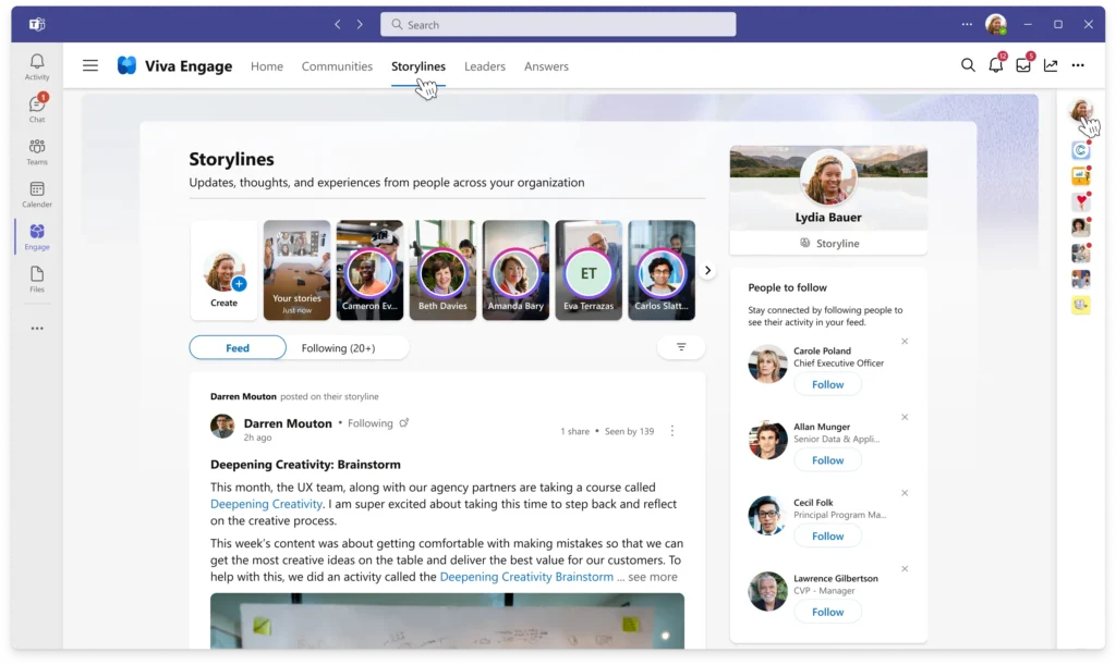 A Viva Engage storylines dashboard, with a row of colleagues' stories along the top, and a news feed of storyline posts