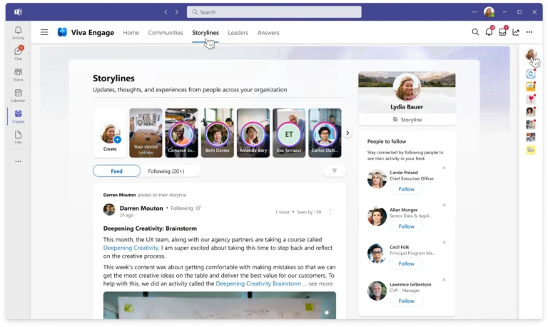 A Viva Engage storylines dashboard, with a row of colleagues' stories along the top, and a news feed of storyline posts