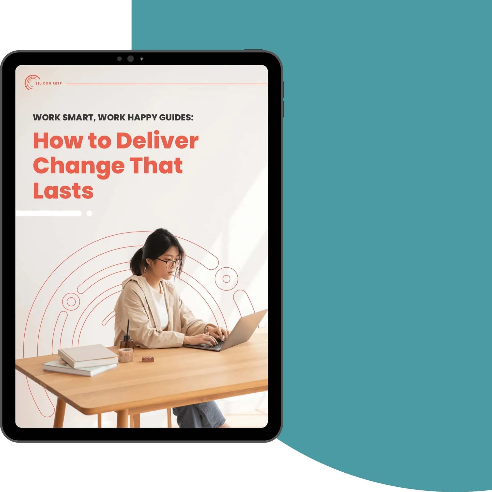 Preview of Guide page with woman smiling at her laptop