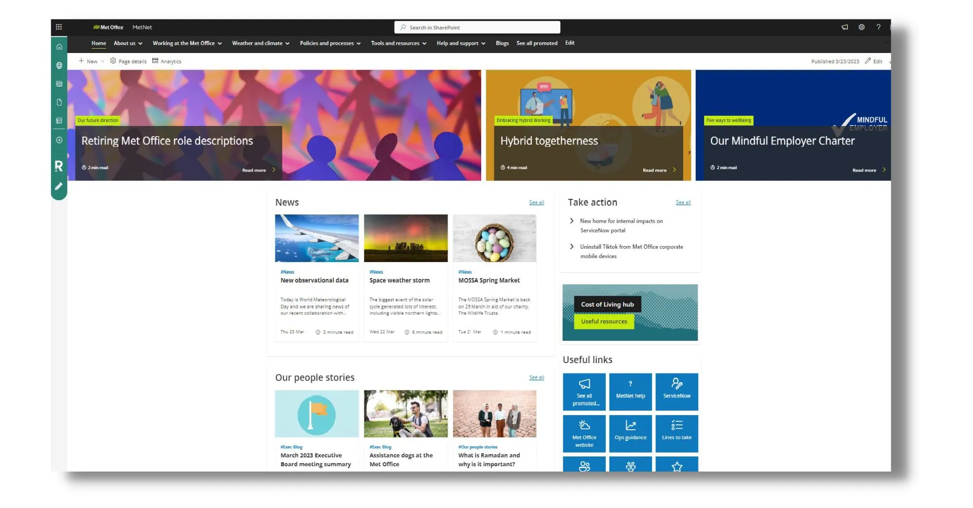 Example of the Met Office intranet homepage