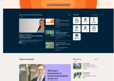 University of Leeds intranet homepage in SharePoint. It shows an orange welcome banner, latest news, personalised My Links and an Opinion and Insight section.
