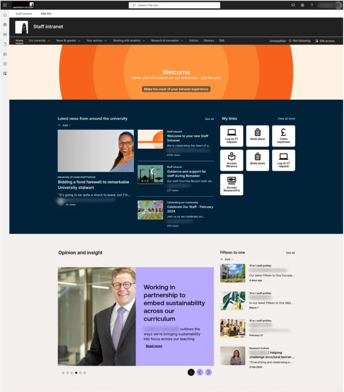 University of Leeds intranet homepage in SharePoint. It shows an orange welcome banner, latest news, personalised My Links and an Opinion and Insight section.