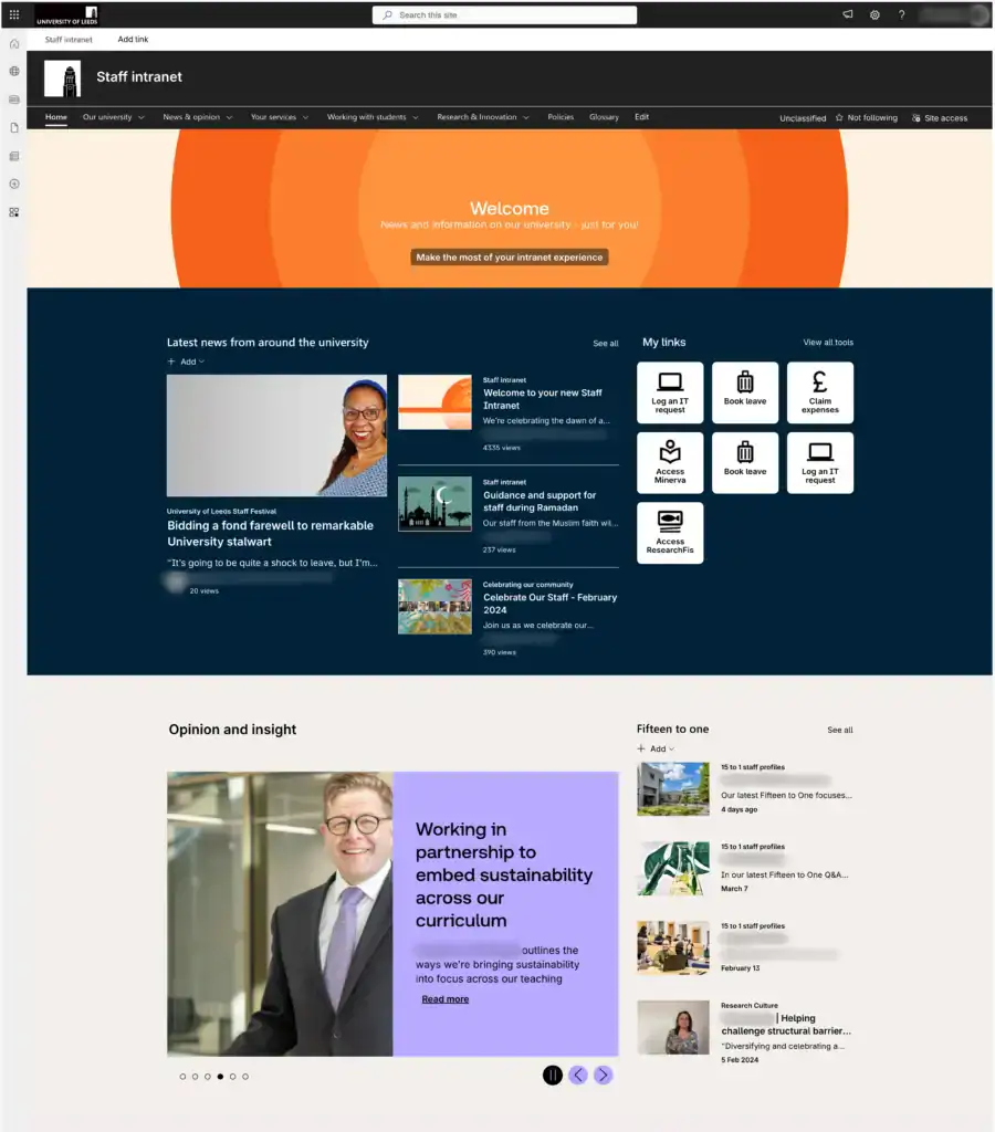 University of Leeds intranet homepage in SharePoint. It shows an orange welcome banner, latest news, personalised My Links and an Opinion and Insight section.