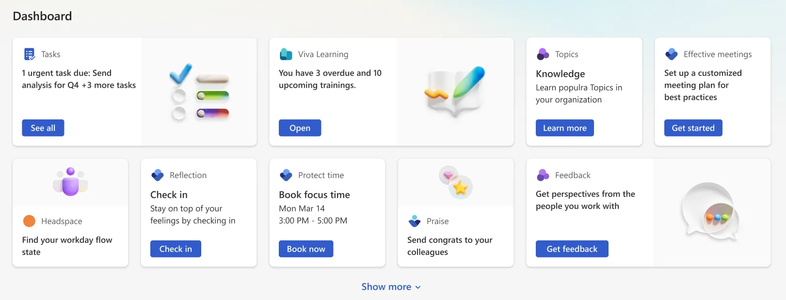 An example of a Viva Connections dashboard, showing cards including Tasks and Viva Learning