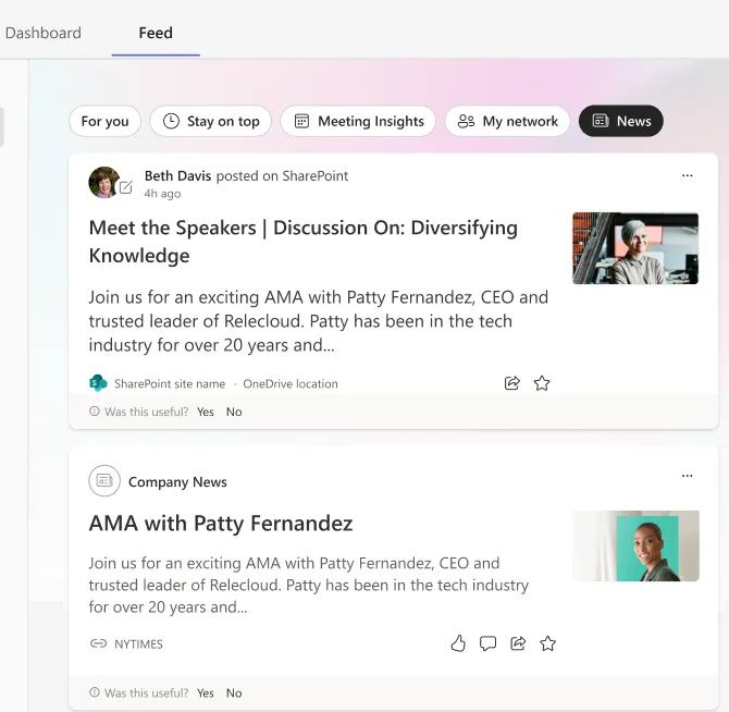 An example of the Viva Connections feed, showing personalised news, meeting insights and content from around the business.