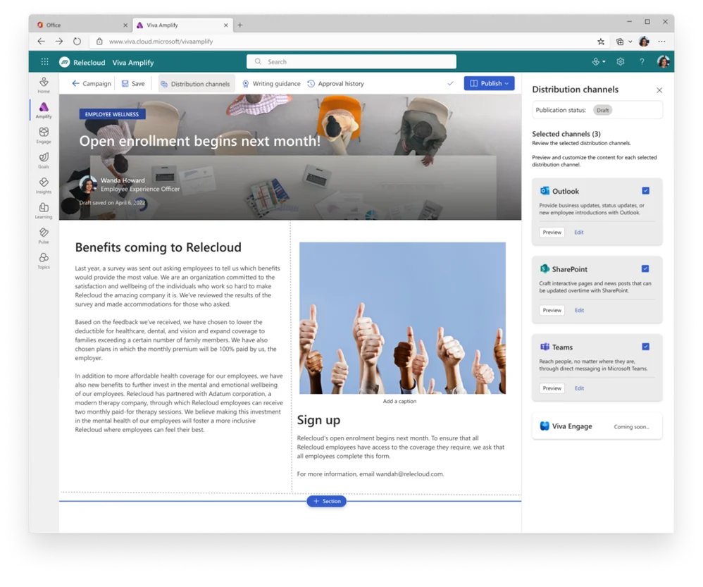 Example of the Authoring experience when creating new publications in Viva Amplify