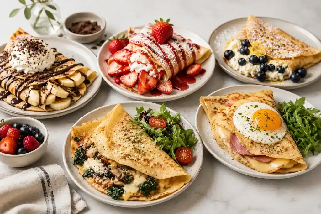 Assorted crepes and pastries from Smutz Girls Bakery on a white table.