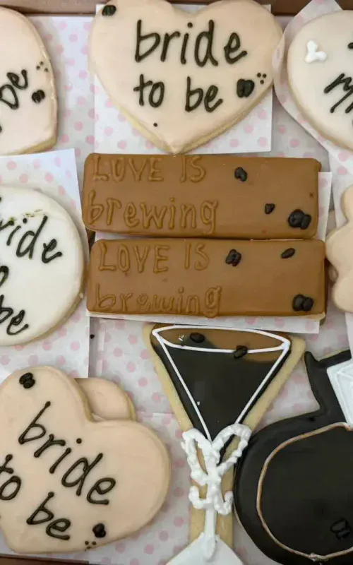 Decorative cookies for wedding and bridal shower custom orders at Smutz Girls Bakery.