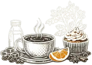 Coffee, cupcake, and holiday spices for a cozy bakery scene.