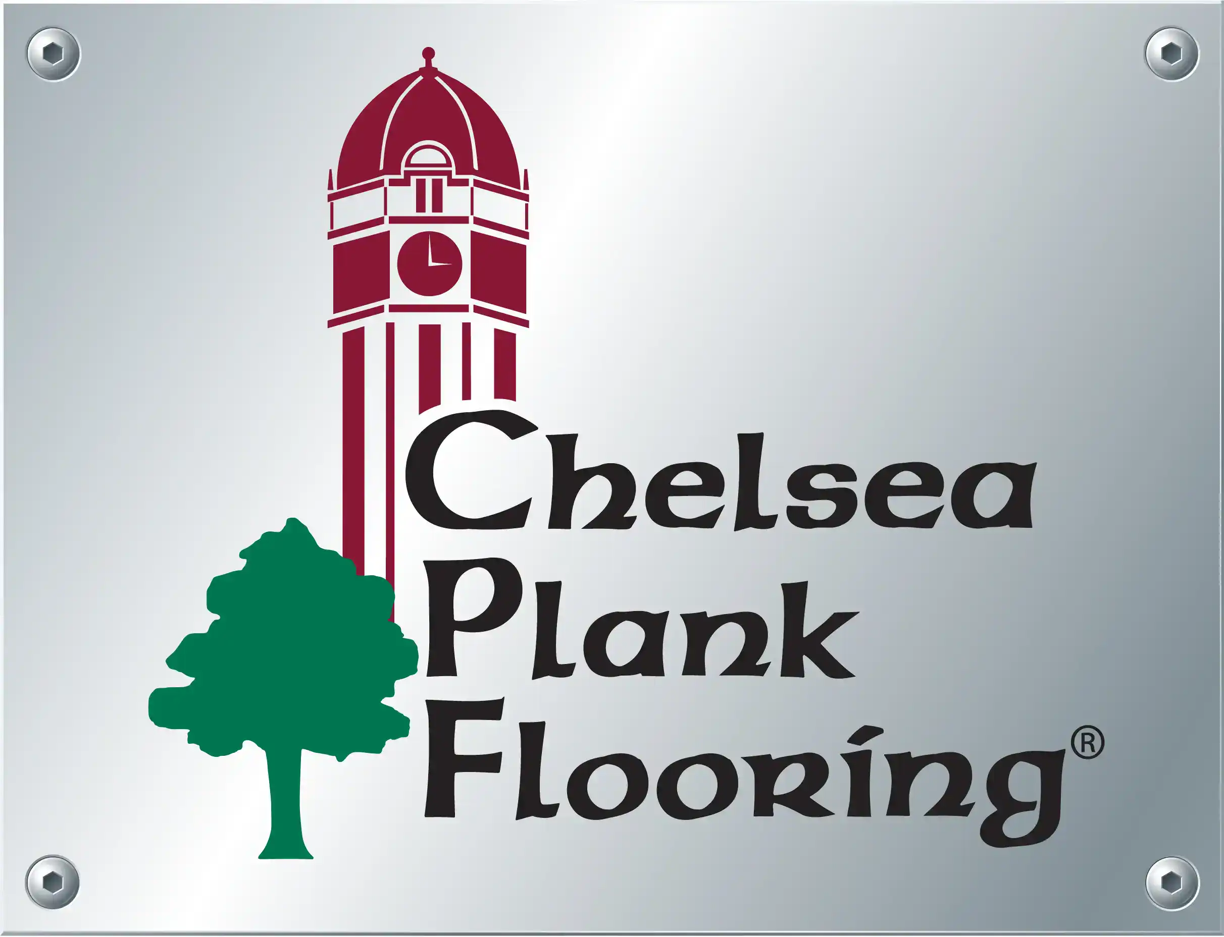 Chelsea Plank Flooring logo sign with clock tower and tree.