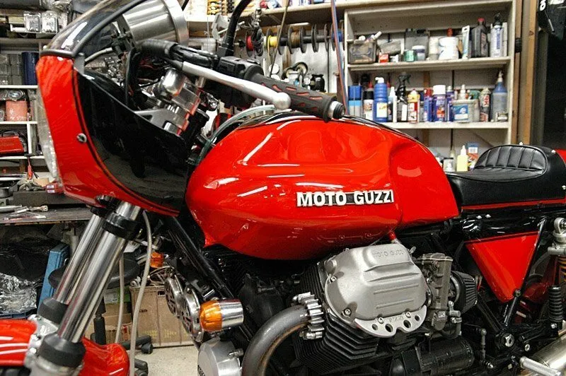 A stunning paint job on this Guzzi is a credit to its owner