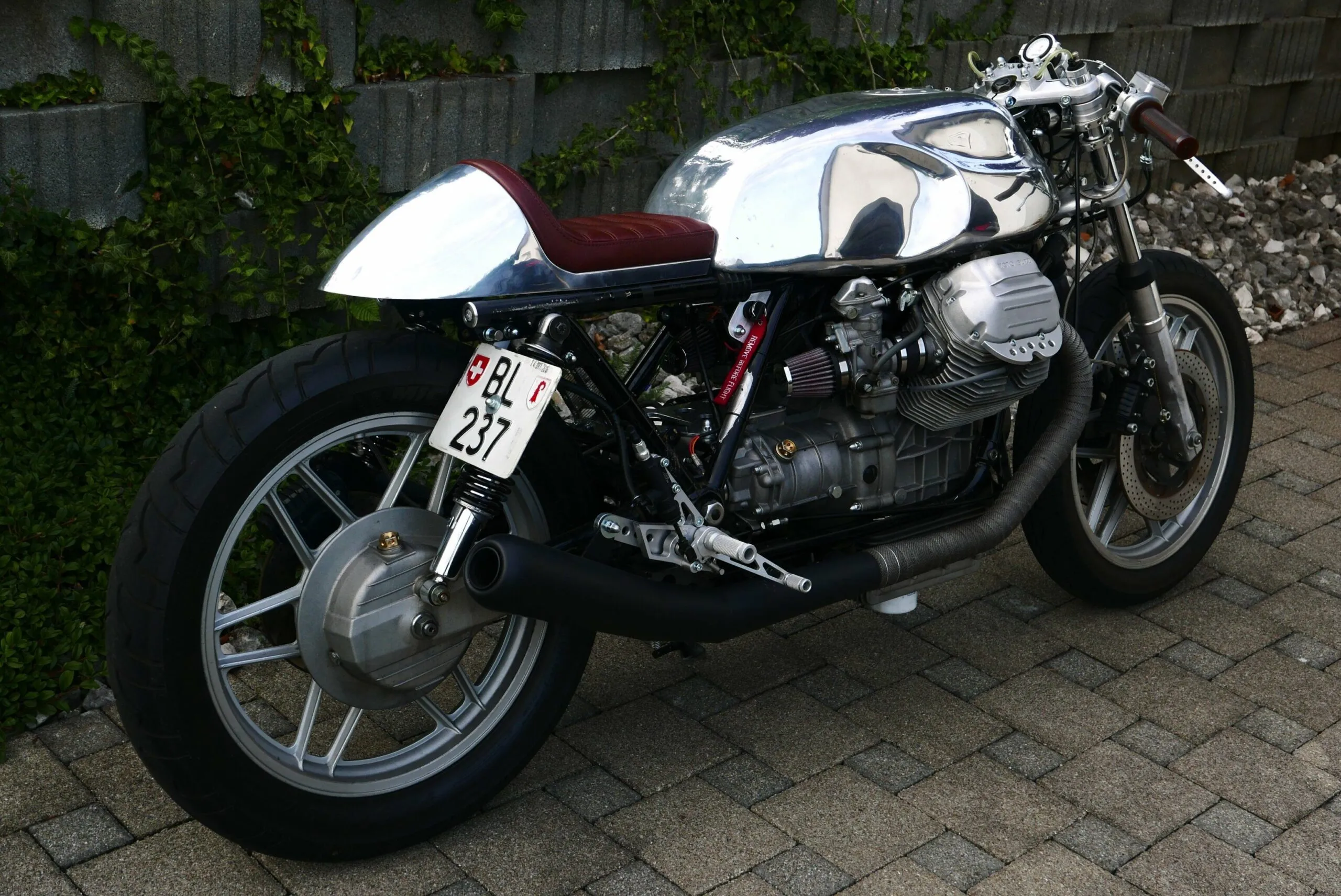 This amazing Moto guzzi is gleaming with our polished Long Guzzi tank sitting on it