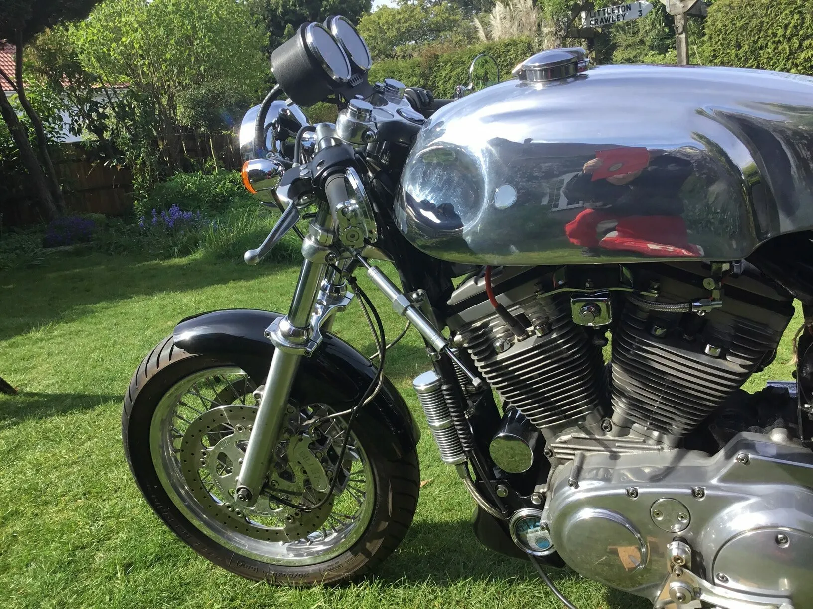 The iconic Cafe Racer 5 Gallon Manx tank on this gorgeous Harley Davidson Sportster.