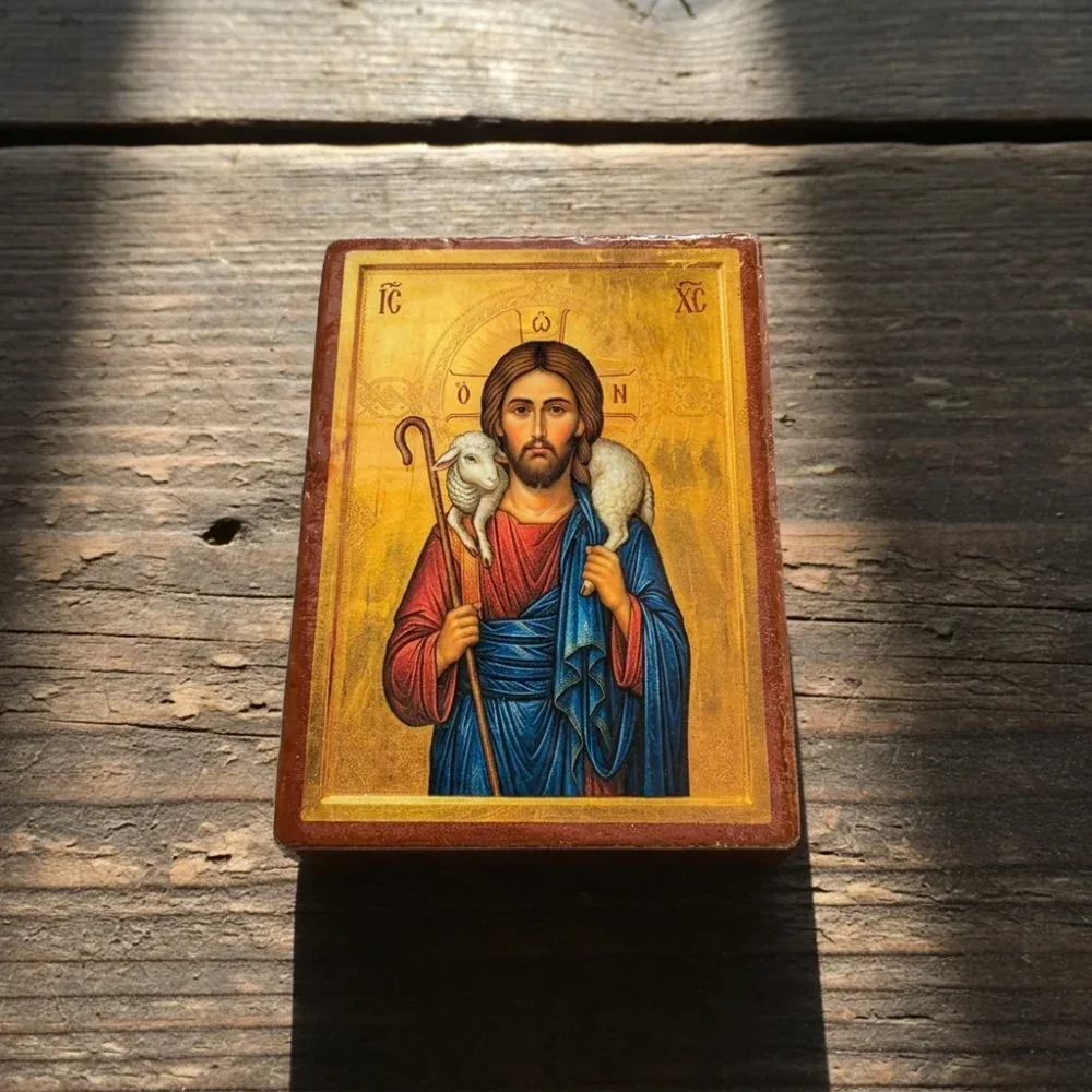 Jesus Christ The Good Shepherd Wooden Mounted Icon Jesus Christ The Good Shepherd Wooden Mounted Icon