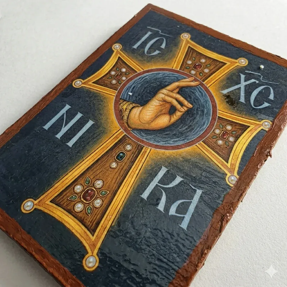 IC XC NIKA Orthodox wooden mounted icon showing the Blessing Hand of Christ inside a decorative cross with strong back magnet