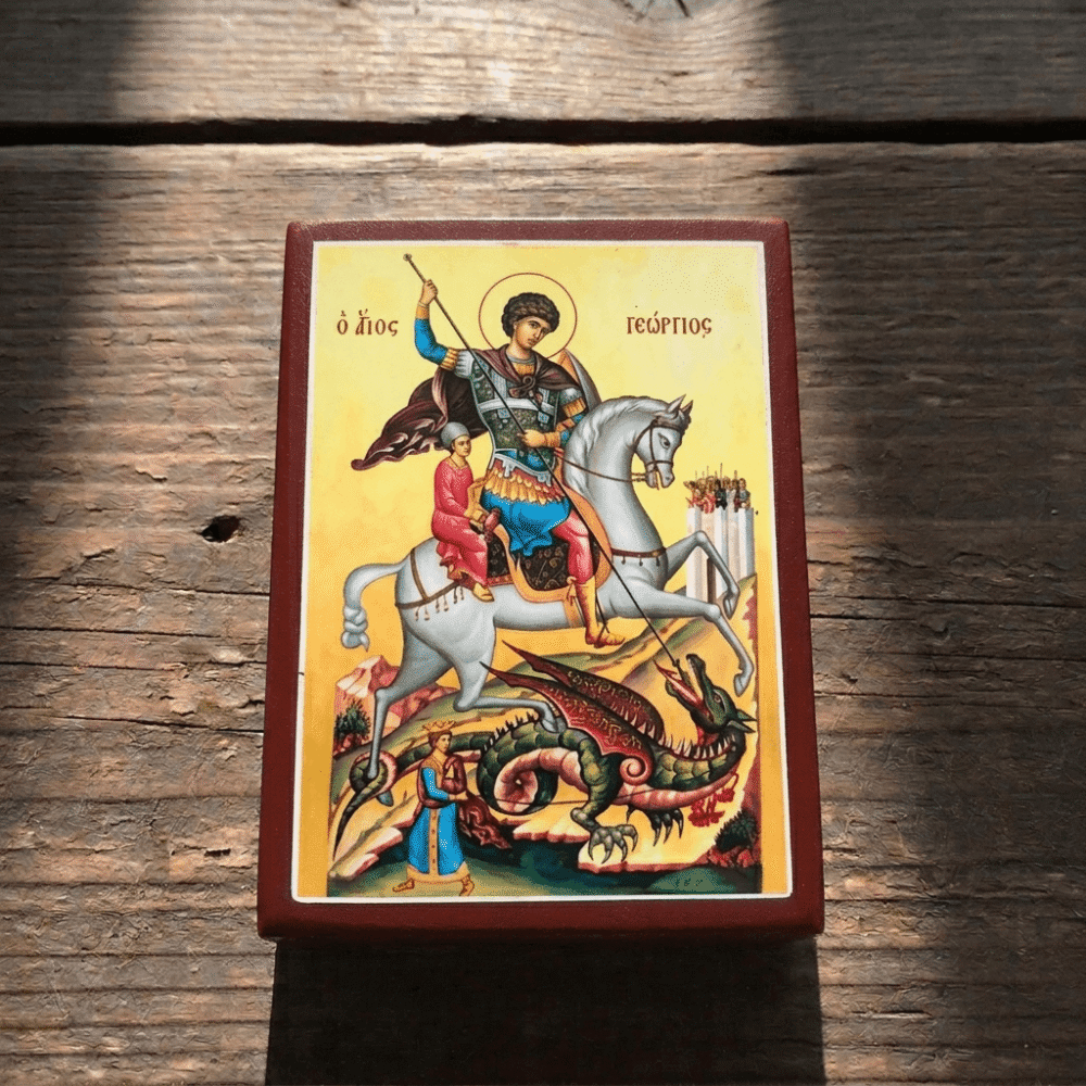 Greek Christian Orthodox Wooden Mounted Icon of Saint George the Great Martyr Riding His Horse and Slaying the Evil Dragon 2.5 x 3.5 in Greek Christian Orthodox Wooden Mounted Icon of Saint George the Great Martyr Riding His Horse and Slaying the Evil Dragon 2.5 x 3.5 in