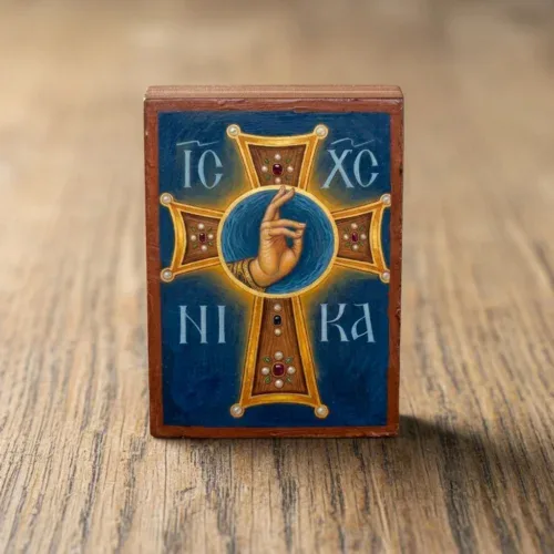 IC XC NIKA Orthodox wooden mounted icon showing the Blessing Hand of Christ inside a decorative cross with strong back magnet IC XC NIKA Orthodox wooden mounted icon showing the Blessing Hand of Christ inside a decorative cross with strong back magnet