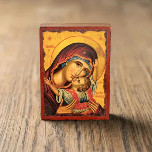 Theotokos of Tenderness Orthodox Icon | Wooden Mounted Theotokos of Tenderness Orthodox Wooden Mounted Icon showing the Mother of God embracing the Christ Child