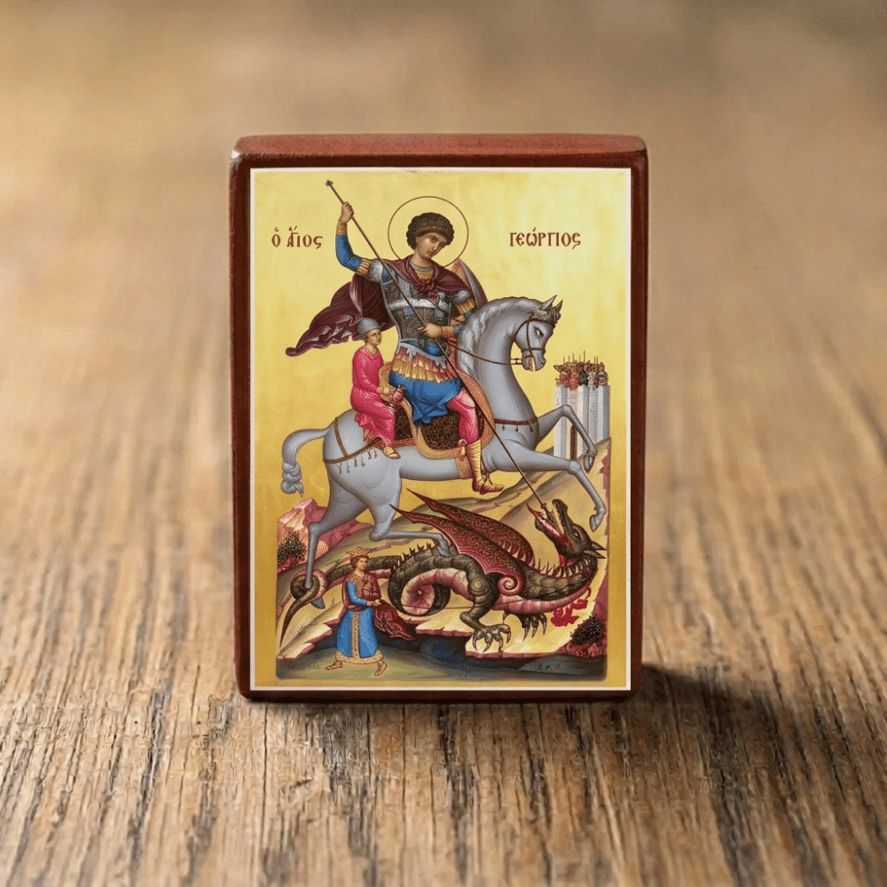 Greek Christian Orthodox Wooden Mounted Icon of Saint George the Great Martyr Riding His Horse and Slaying the Evil Dragon 2.5 x 3.5 in Greek Christian Orthodox Wooden Mounted Icon of Saint George the Great Martyr Riding His Horse and Slaying the Evil Dragon 2.5 x 3.5 in