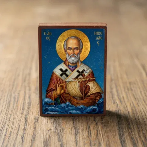 Saint Nicholas Orthodox wooden mounted icon holding a ship above ocean waves, protector of sailors Saint Nicholas Orthodox wooden mounted icon holding a ship above ocean waves, protector of sailors