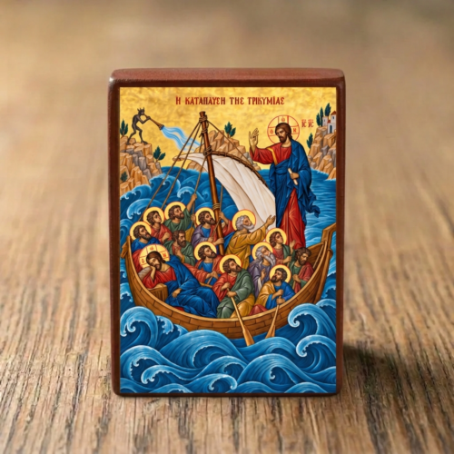 The Calming of the Storm Orthodox wooden icon showing Christ and His disciples in a boat on the sea