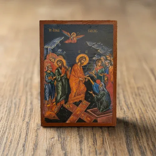 The Resurrection of Jesus Orthodox wooden mounted icon showing Christ in triumph over death in traditional Orthodox style The Resurrection of Jesus Orthodox wooden mounted icon showing Christ in triumph over death in traditional Orthodox style