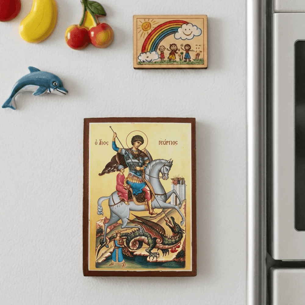 Greek Christian Orthodox Wooden Mounted Icon of Saint George the Great Martyr Riding His Horse and Slaying the Evil Dragon 2.5 x 3.5 in Greek Christian Orthodox Wooden Mounted Icon of Saint George the Great Martyr Riding His Horse and Slaying the Evil Dragon 2.5 x 3.5 in