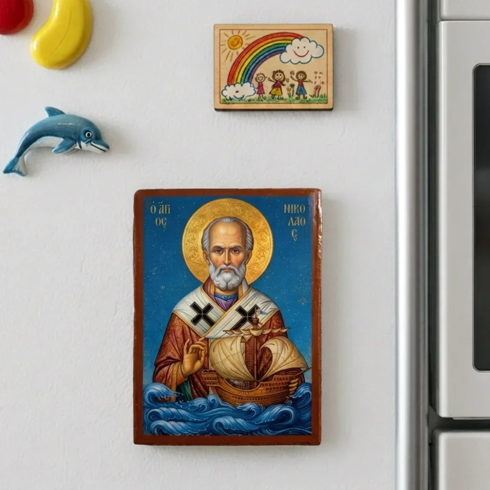Saint Nicholas Orthodox wooden mounted icon with magnet holding a ship above ocean waves, protector of sailors