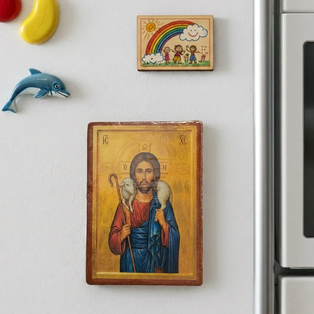 Jesus Christ The Good Shepherd Wooden Mounted Icon with magnet. Jesus Christ The Good Shepherd Wooden Mounted Icon with magnet.