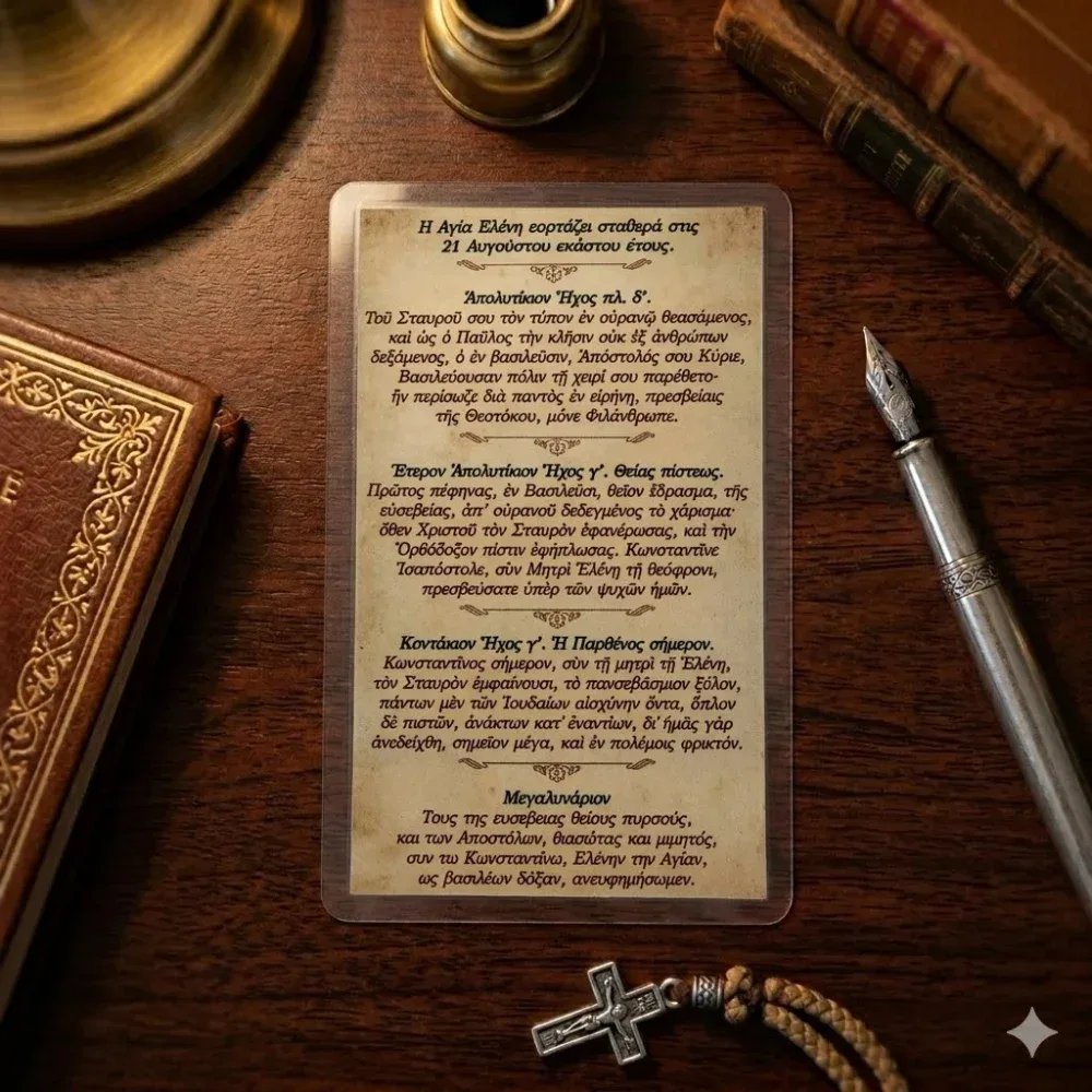 Back of the laminated icon of Saint Helen, as a gift for your purchase. Saint Helen Orthodox prayer card devotional back