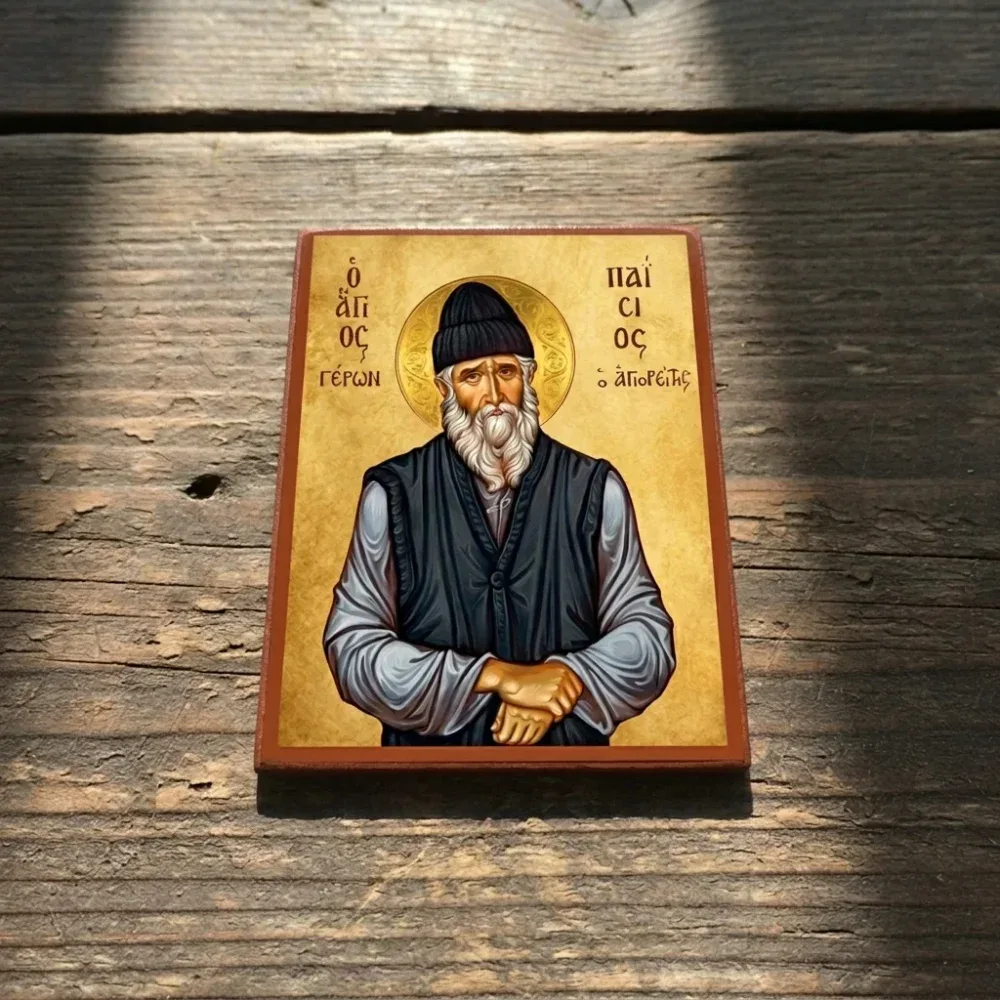 Saint Paisios the Athonite Orthodox Wooden Mounted Icon with gold background, monastic garments, and strong back magnet Saint Paisios the Athonite Orthodox Wooden Mounted Icon with gold background, monastic garments, and strong back magnet