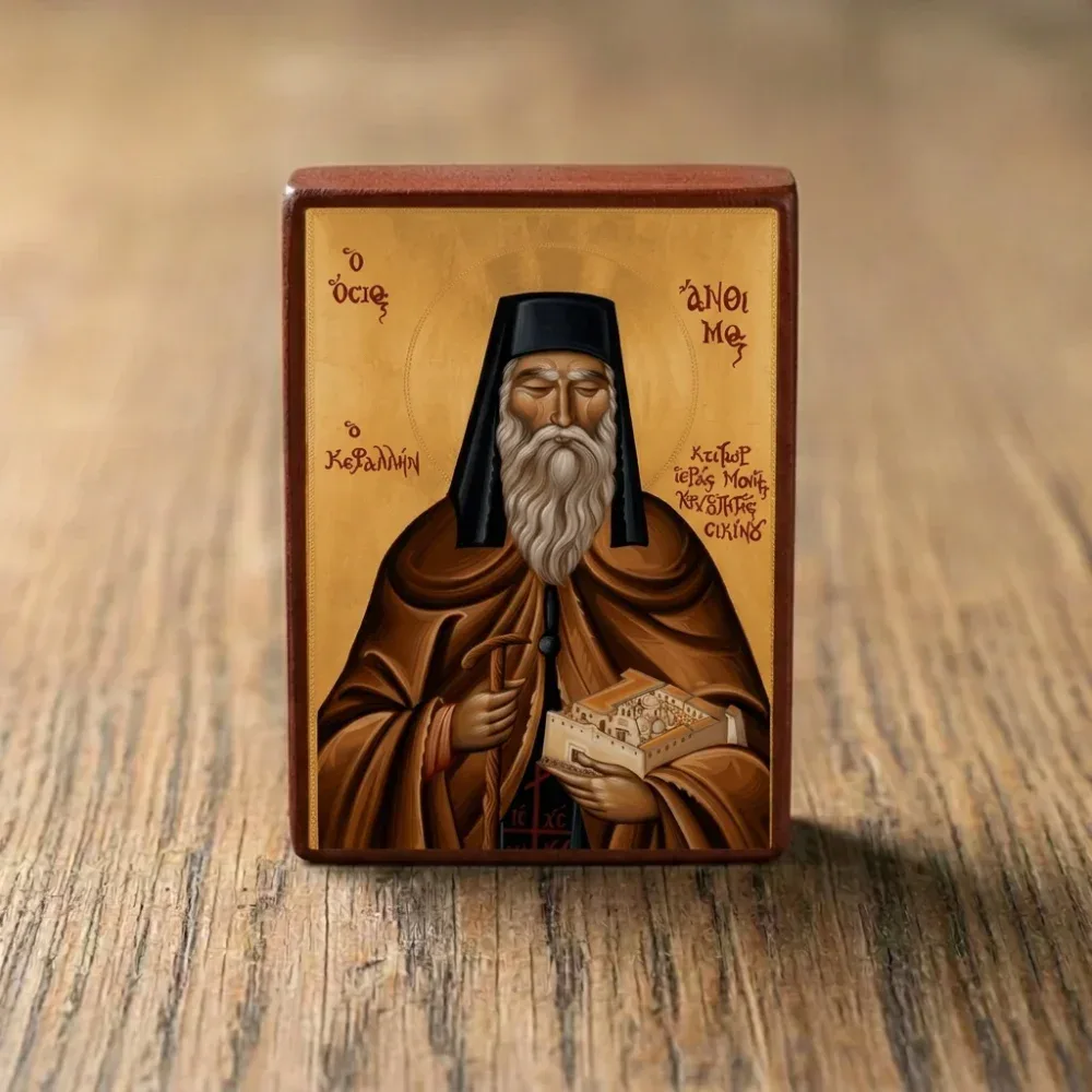 Saint Anthimos of Chios Orthodox Wooden Mounted Icon with gold background in traditional Orthodox style Saint Anthimos of Chios Orthodox Wooden Mounted Icon with gold background in traditional Orthodox style
