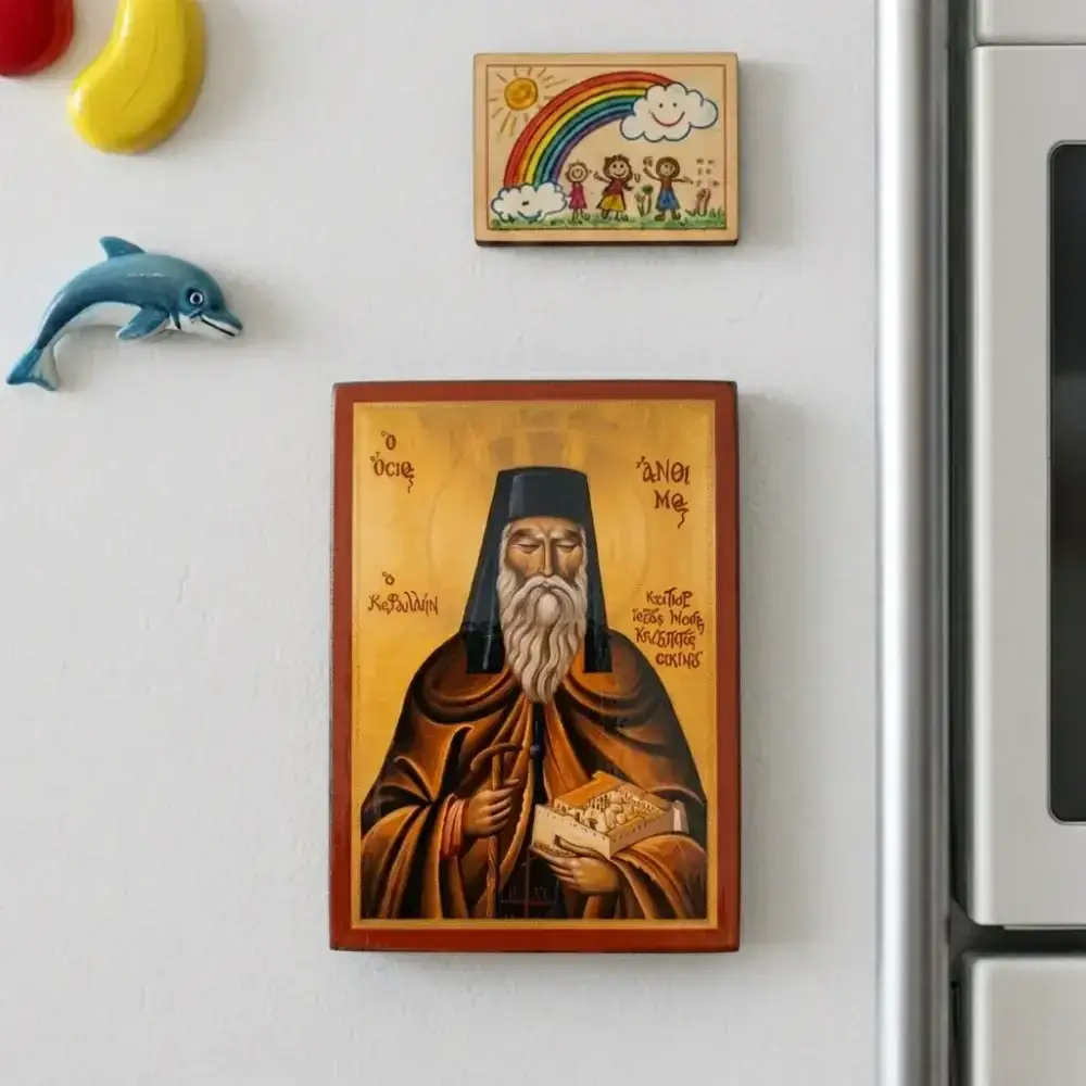 Saint Anthimos of Chios Orthodox Wooden Mounted Icon with magnet, with gold background in traditional Orthodox style Saint Anthimos of Chios Orthodox Wooden Mounted Icon with magnet, with gold background in traditional Orthodox style