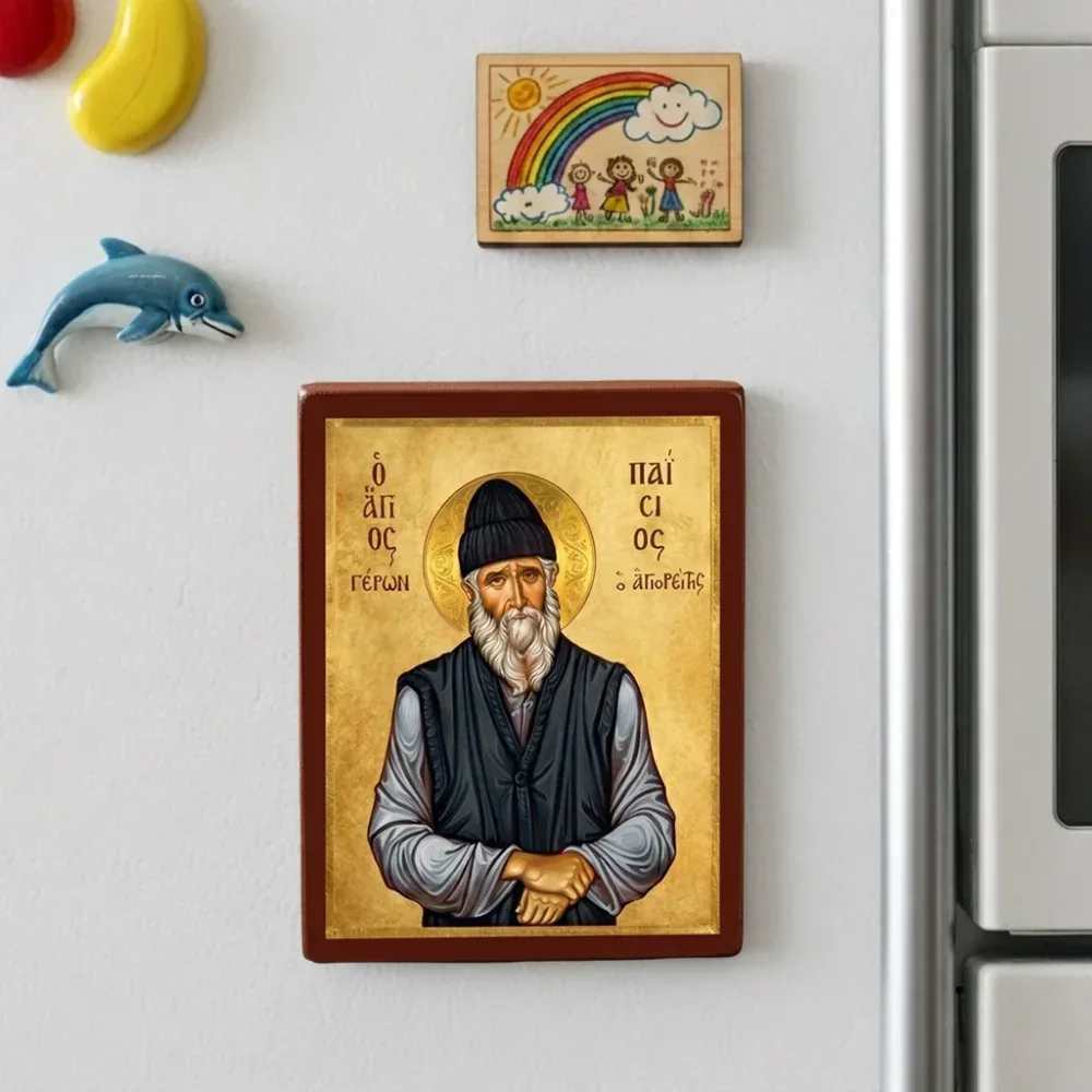 Saint Paisios the Athonite Orthodox Wooden Mounted Icon with gold background, monastic garments, and strong back magnet Saint Paisios the Athonite Orthodox Wooden Mounted Icon with gold background, monastic garments, and strong back magnet